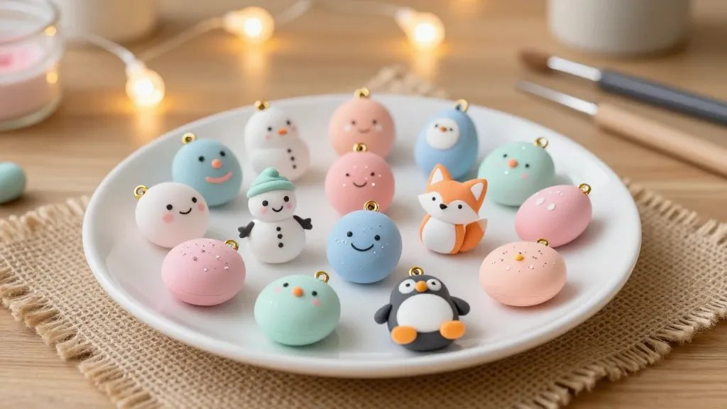 A cozy tabletop scene featuring a dozen tiny polymer clay ornaments in pastel colors (pale pink, mint, baby blue, soft peach) displayed on a white ceramic plate and burlap runner. Include tiny clay characters like a smiling snowman, a cheerful fox, and a penguin, each with delicate hand-painted details, glitter accents, and gold jump rings for hanging. In the background, a warm string of fairy lights and a few sculpting tools scattered on a wooden table, with soft natural light.