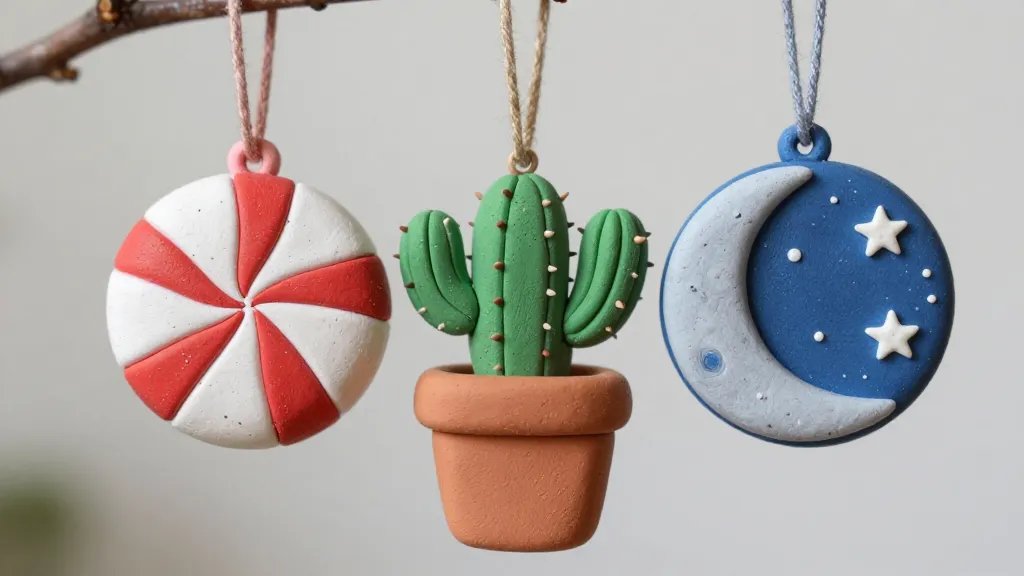 Close-up macro shot of three hand-crafted clay ornaments hanging from a small branch: a round peppermint candy ball, a sprouting potted cactus, and a starry night moon, all with subtle textures from clay tools and fine paint details. Emphasize the tactile surfaces, tiny imperfections that add charm, and a clear sealant sheen on the ornaments, with a shallow depth of field to blur the background.