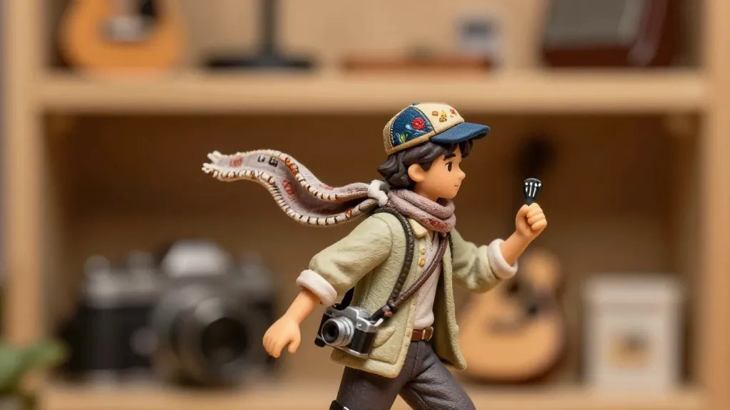 A highly detailed miniature figure of a person mid-activity, wearing an embroidered cap and a scarf fluttering in a gentle breeze, with tiny accessories such as a guitar pick tucked into a hand and a tiny camera slung over the shoulder, set on a softly blurred, warm-toned shelf backdrop that hints at a personal hobby and memories without any text.