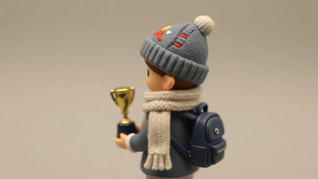 A close-up macro shot of a miniature figurine with meticulous micro-details: a cozy scarf fringe, embroidered hat, tiny backpack, and a miniature trophy or keepsake in the other hand, positioned against a neutral, softly lit background to emphasize texture and craftsmanship, evoking a personal story without words.
