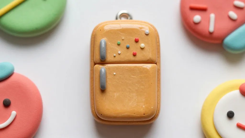 Close-up shot of a single detailed clay fridge charm in focus: a miniature anthropomorphic clay cookie character with embroidered-like icing details, tiny glaze beads for sprinkles, and a shiny sealed surface; background softly blurred showing other colorful clay pins in the periphery, emphasizing texture, color contrast, and handmade imperfections.