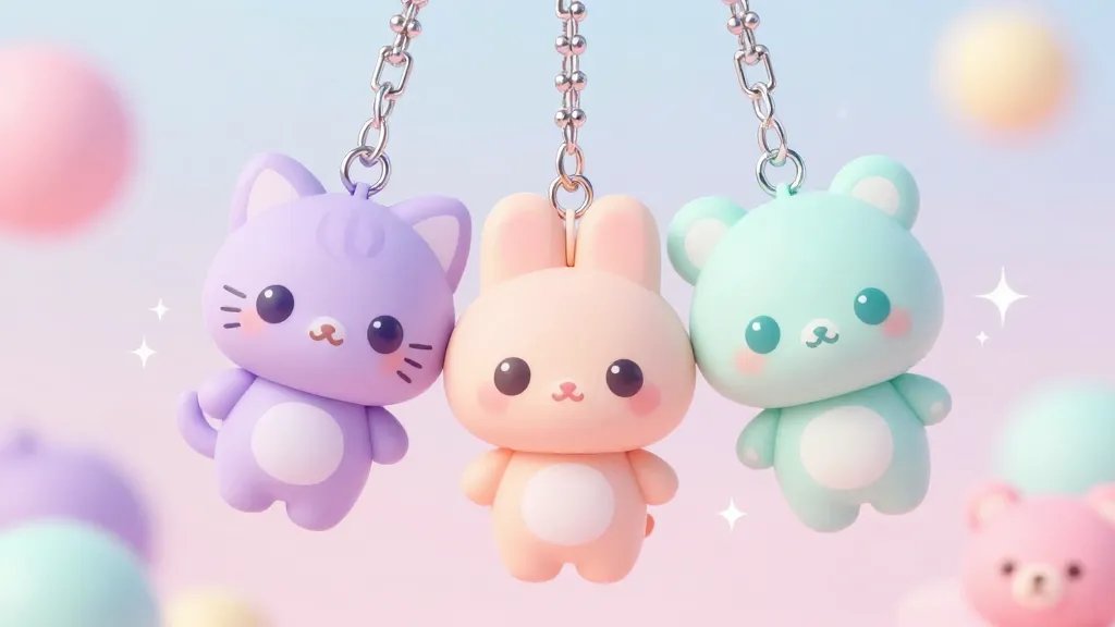 A kawaii-style close-up scene of three pastel-colored chibi characters (a tiny cat, a round-faced bunny, and a mini bear) hanging as phone charms from a delicate silver chain. The characters have oversized heads, big glossy eyes, and tiny bodies, with soft gradients in lavender, peach, and mint. The background is a blurred bokeh in matching pastels, and subtle sparkles surround the charms to emphasize whimsy, no text.