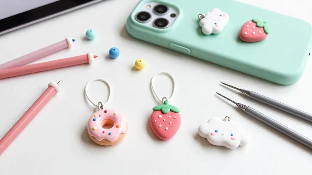 An in-progress flat lay of DIY kawaii phone charms on a clean craft desk: handmade edible-looking charm shapes (a doughnut, a strawberry, and a cloud) made of polymer clay, tools like tiny rollers, sculpting blades, and pastel beads scattered around, with a finished charm on a mint-green smartphone case in the background. Lighting is bright and cheerful, colors are pastel, details are cute and slightly shiny, no text.