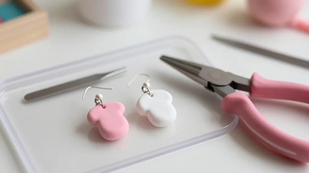 A close-up, color-coordinated earring-making still life: two small clay shapes (pink and white) on a clear jewelry making tray, with a pair of pliers and a tiny blade beside them, subtle shadows, a subtle bokeh background suggesting a cozy craft space, with a focus on beginner-friendly tools and a simple, cute color palette. No text.