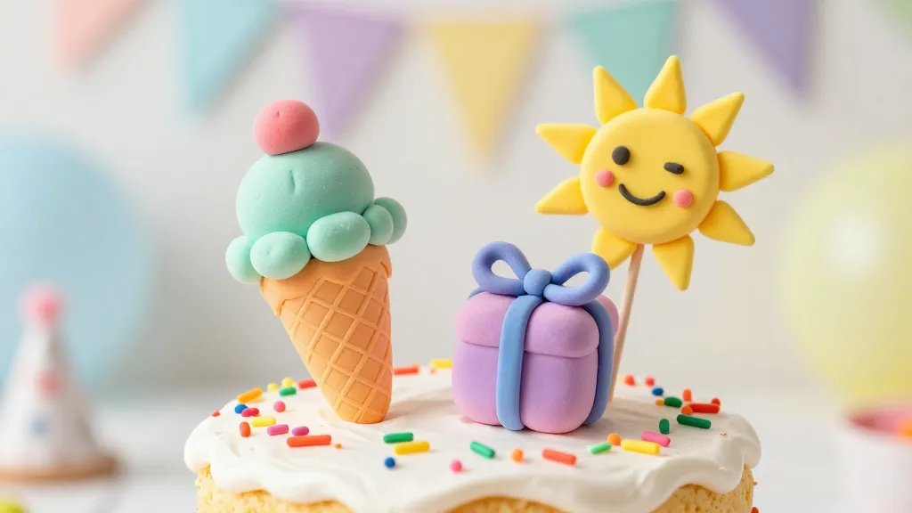 A whimsical birthday cake scene featuring colorful clay toppers: a miniature ice cream cone, a tiny gift box, and a smiling sun, all in bright pastel tones. The toppers are placed on a frosted cake with sprinkles, a soft bokeh party background, and natural daylight for a fresh, handcrafted look, no text.