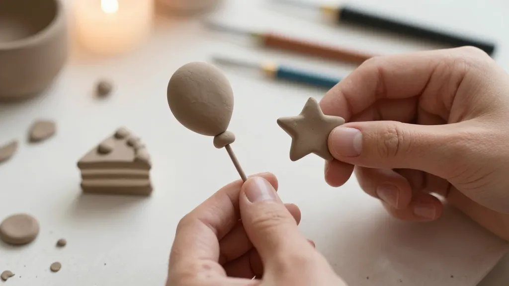 A close-up still-life of air-dry clay toppers in progress: hands sculpting a miniature balloon, a tiny cake slice, and a star wand atop a makers’ work surface with clay scraps, tools, and a faint warm glow, shot with shallow depth of field to emphasize texture and detail, no text.
