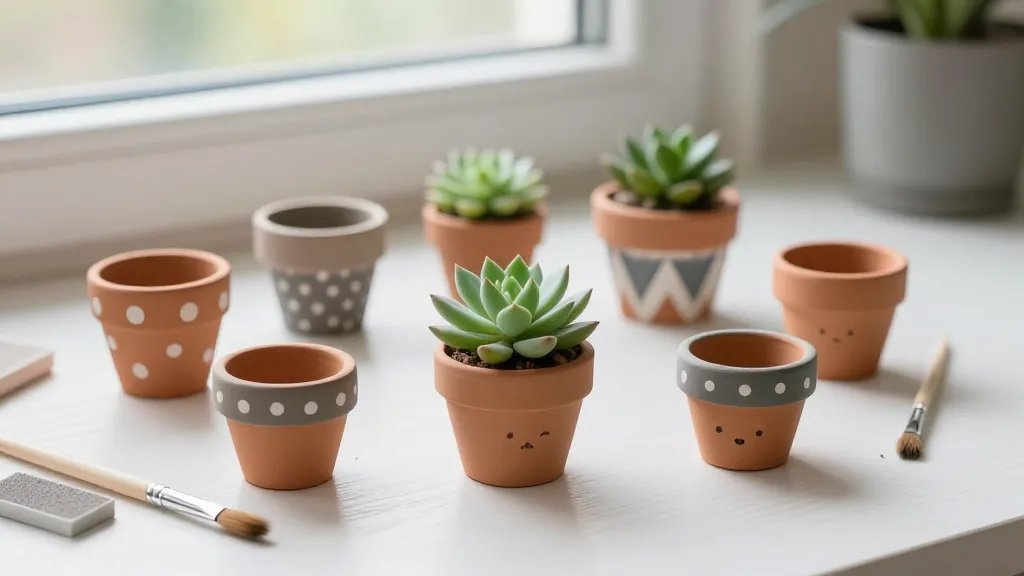 A bright, cozy desk scene featuring several tiny hand-painted clay pots in a variety of whimsical designs (polka dots, geometric patterns, and tiny animal faces) arranged around a small potted succulent; natural light from a window, soft shadows, and scattered mini paintbrushes and sanding tools nearby, no text.