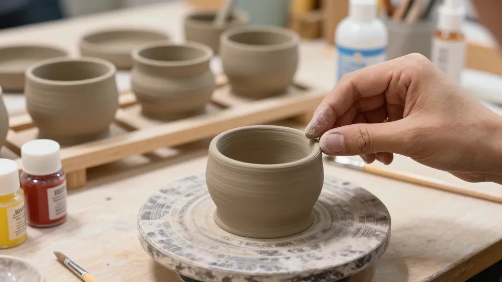 A workshop-style setup showing a close-up of a hand shaping air-dry clay into a miniature pot, with a few finished pots drying on a wooden rack in the background; include acrylic paints, fine brushes, and a sealing spray bottle, warm studio lighting, no text.