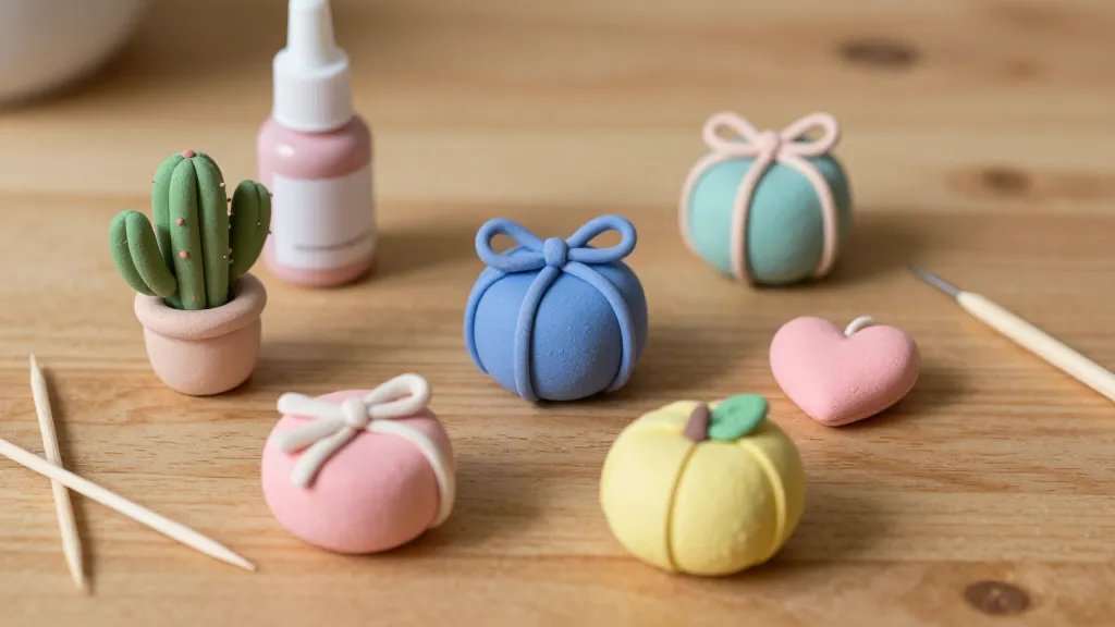 A cozy, sunlit tabletop scene featuring several small clay gifts in soft pastel colors (pinks, blues, yellows) on a wooden surface. Include tiny handmade items like a mini clay cactus, a heart-shaped charm, and a miniature fruit rillets, with a visible bottle of gloss sealant and a few simple sculpting tools (toothpicks, a needle tool). No text on the image.