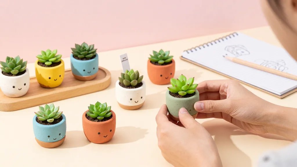 A bright, clean photographer’s setup featuring a hands-on shot of a person shaping small, colorful clay planters for succulents. Include several finished mini planters with cute textures and tiny succulents, a soft pastel background, natural light, and photography props like a wooden board, a sketchpad, and a small planter label noting “mini planter kit” in unobtrusive handwriting. No text on the image itself.