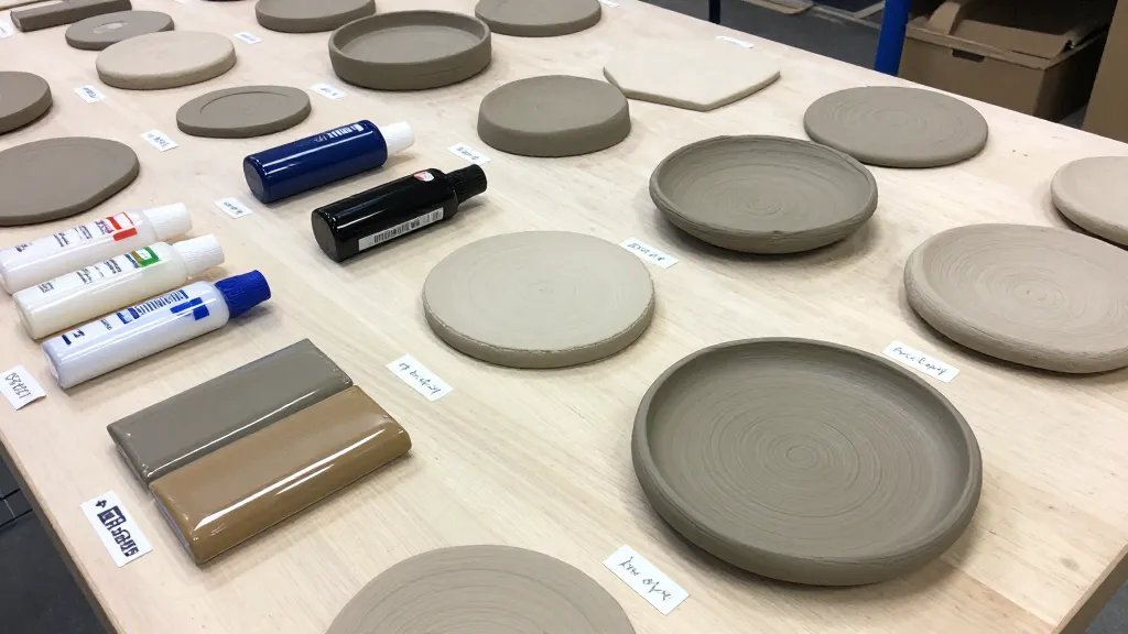 A workshop tabletop displaying mixed clay types (air-dry, polymer, natural) labeled with small tags, with a variety of sealants (matte, satin, gloss) arranged neatly, and a finished, durable clay piece in the foreground showing a high-detail texture and a resistant, even sheen.