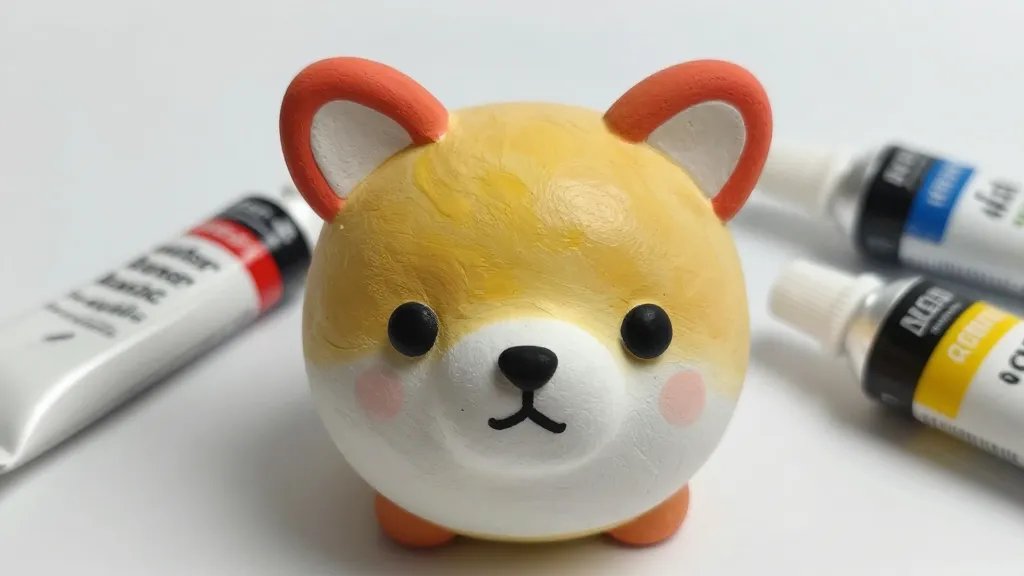 A close-up of a hand-painted clay figure (cute animal) with ultra-smooth, glossy finish, showing a visible but subtle transition between colors to avoid streaks; natural lighting, studio setup, paint tubes labeled “water-based acrylic,” “polymer paint,” and “gouache” nearby, no text visible on the image.