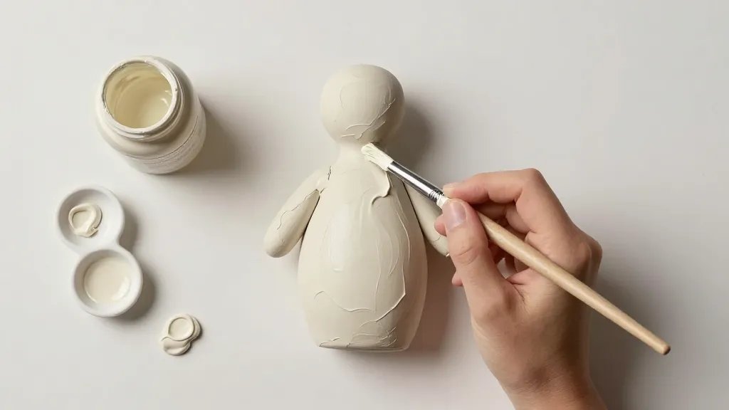 A top-down studio shot of a clay figure being painted with a fine brush, showing evenly applied creamy acrylic paint, a glossy sealant being prepared, and a clean palette with small wells of paint; soft shadows, neutral background, no text on the image.