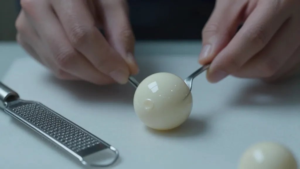 close-up shot of a single glossy mini sphere resting on parchment, a microplane and zester nearby, hands in the background shaping another sphere with a rounded spoon, cool-toned lighting to emphasize smoothness and precision, ambiance of a refined, food-forward studio setup, no text.