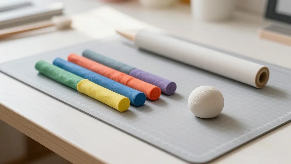 A bright, organized clay studio scene featuring a clean, smooth work surface with a cutting mat, a roll of polymer clay in multiple vibrant colors, and a brayer resting beside a partially kneaded ball, with soft natural light casting gentle shadows and a shallow depth of field focusing on the tools.