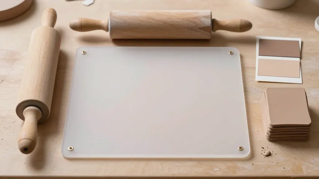 A close-up, top-down shot of a workstation displaying neatly arranged essential tools: a smooth acrylic sheet, a rolling pin/brayer, a few clay-color swatches, and a small stack of freshly rolled clay slabs, with subtle clay scraps around the edges and a warm, inviting studio backdrop.