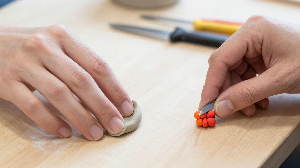 A close-up scene of hands shaping two clays side by side on a wooden craft table: one hand gently smoothing light-gray air-dry clay with a finger-rolled edge, and the other hand pressing vibrant polymer clay into a small intricate bead with a sharp hobby knife, with natural light and a blurred background of crafting tools.