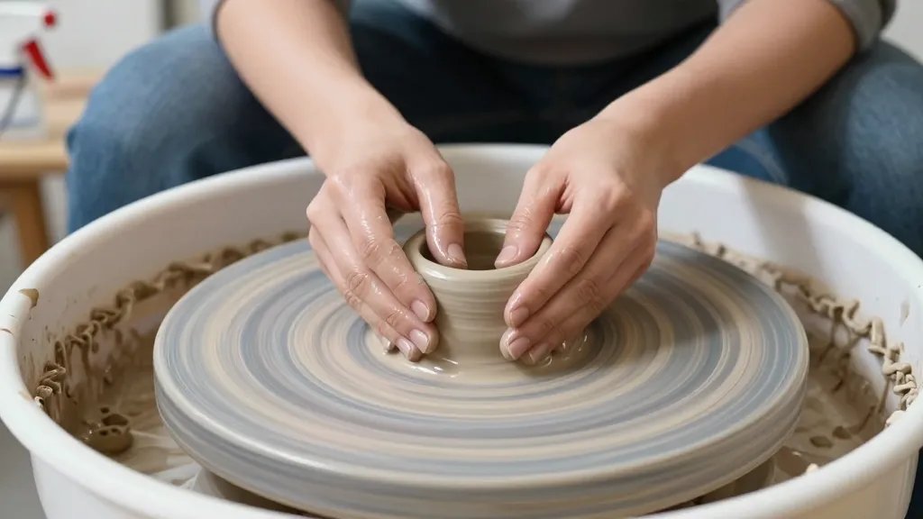 A close-up scene of a pottery wheel in action showing a beginner centering a lump of clay with steady hands, a soft-focus studio background, damp hands and clay texture visible, wheels spinning slowly, with subtle teaching tools like a water spray bottle and a rib in the scene; no faces or text visible.