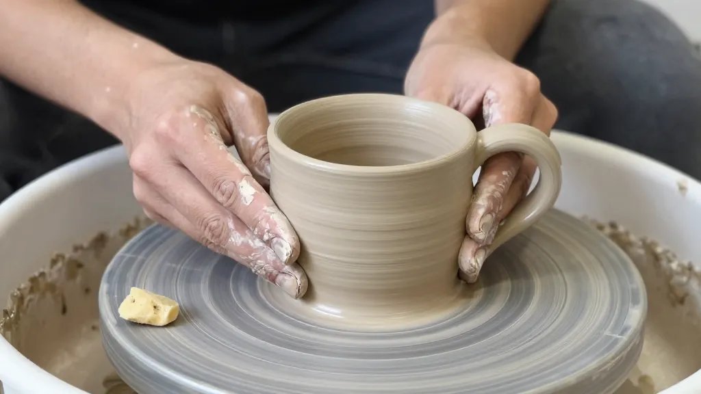 An in-progress pottery mug being shaped by a beginner on a wheel, showing careful slipping and scoring ready to attach a handle, with a dampened sponge, wedged clay texture, and a calm studio setting in the background; include visual cues of proper moisture and centering without any writing or labels.