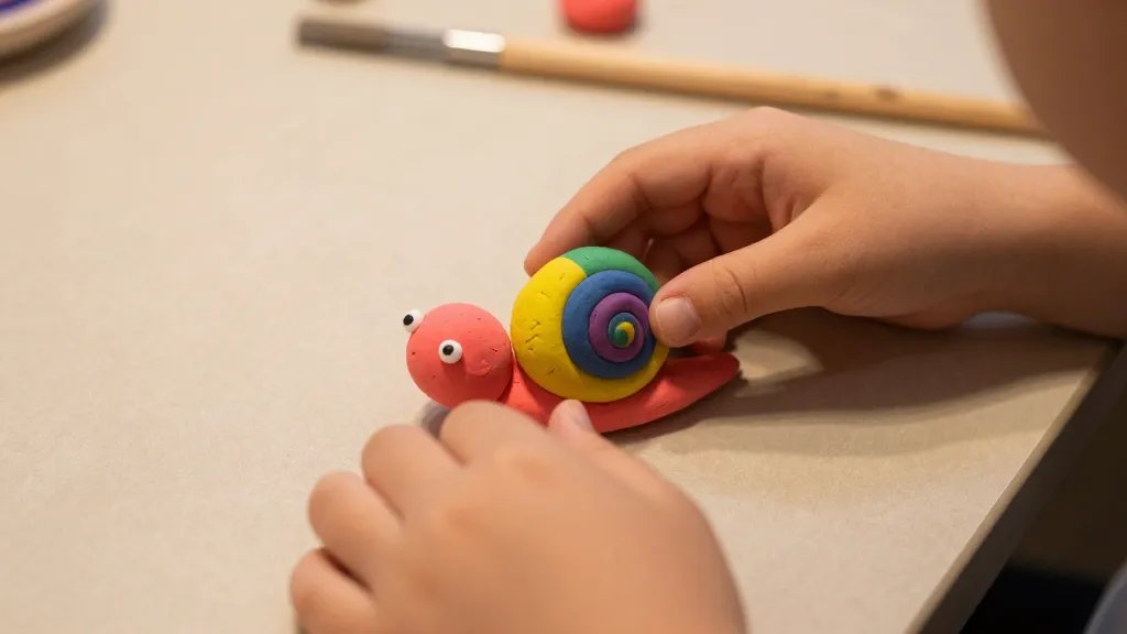 Close-up action shot of a child’s hands shaping clay: a bright pink ball being rolled into a snail body, a larger colorful shell with a spiral pattern in progress, and tiny bead eyes nearby; the focus on hands and clay textures, with a shallow depth of field, warm ambient light, and a simple neutral workspace to emphasize the tactile, approachable nature of beginner clay crafts (no text).