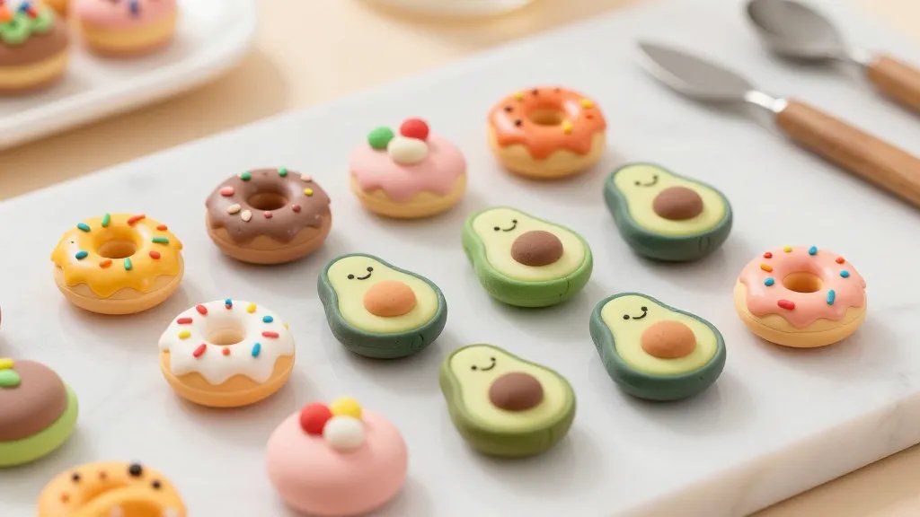 A close-up image of a collection of colorful clay mini food charms laid out on a white marble surface: glossy donuts with sprinkle crowns, tiny avocado slices with cheerful smiles, and other tiny dessert shapes, with subtle baking tools in the background and a soft, warm studio lighting feel, no text.