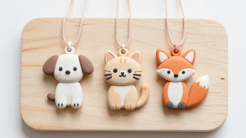 A playful clay jewelry scene featuring whimsical animal pendants (a puppy, a cat, and a fox) with simple facial features, dangling on delicate cords, positioned on a pastel-toned wooden board, with a gentle glossy finish on the clay and a light, airy photography style. No text.