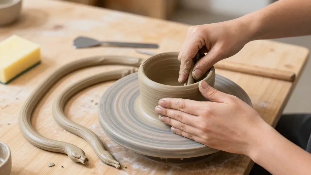 A beginner-friendly pottery scene featuring a pair of hands shaping a soft, tan coil pot on a small wooden workbench. Show several long clay snakes rolled out, with a damp sponge nearby and a simple metal rib tool in the background. Warm, natural studio lighting, minimal clutter, focus on the tactile texture of the clay and the coil construction process, no text or branding.