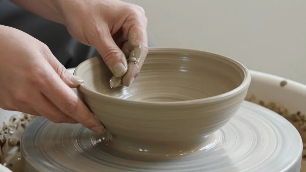 Close-up of a nearly finished low, wide coil bowl on a potter’s wheel setup. Hands steadying and smoothing the rim with a damp finger, visible coils spiraling up the structure, moisture sheen on the clay, and subtle clay dust in the air. Neutral background with soft shadows to emphasize the handmade texture and the “coiling” technique. No text or logos.