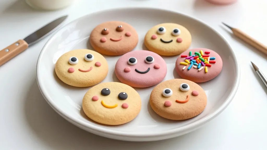 A colorful close-up scene of handmade clay cookies crafted to look edible, arranged on a pastel ceramic plate. Include miniature clay sprinkles, glossy eyes on smiling faces, subtle gold or silver paint highlights, and a few nearby clay tools (blade, dotting tools) on a clean white workspace with a soft, diffused light.