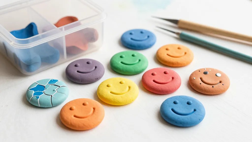 A playful still-life of clay cookies in a sunny, craft-studio setting. Feature a variety of smiling clay cookies in bright colors, some with cracked-ice glaze effects, others with tiny metallic shines, with an open, translucent container of air-dry clay, a few sculpting tools, and a light watercolor-like background that suggests a creative, inviting atmosphere.