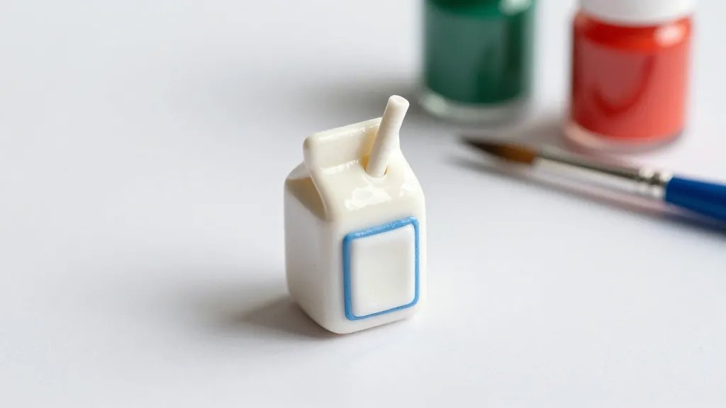 A close-up shot of an ultra-miniature milk carton clay charm resting on a clean white surface, with soft natural light highlighting its tiny label, straw, and glossy milk color; include subtle shadows and a tiny paintbrush and jar of acrylic paint in the background to emphasize DIY crafting, no text on the image.