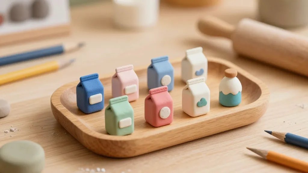 A whimsical tabletop scene featuring multiple tiny milk carton charms in different colors and label designs, arranged in a small, shallow wooden tray on a craft desk with clay tools, a tiny rolling pin, and air-dry clay dust scattered about; warm, cozy lighting and shallow depth of field, no text on the image.