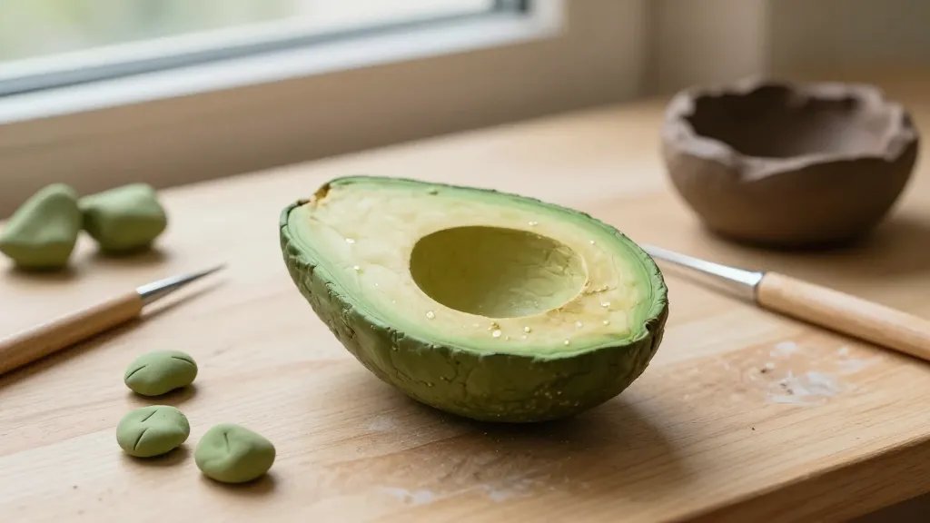 A close-up scene of a hand-sculpted avocado clay half sitting on a wooden craft desk, with two or three small sculpting tools, a few pastel green clay pieces, and a brown clay pit. Soft natural light from a nearby window highlights the smooth texture, tiny glossy highlights on the avocado surface, and a subtle, cozy aesthetic without any text.