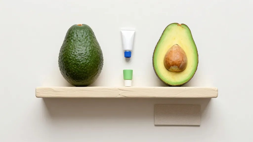 A flat-lay composition of a completed avocado clay cream-colored shelf piece, featuring a whole avocado and a halved avocado with textured pit, arranged among minimalist surrounding objects (air-dry clay colors, tiny paint tubes, a sandpaper sheet) on a clean, light-colored background, shot from above to emphasize color gradients and tactile details. Ensure no text is present.