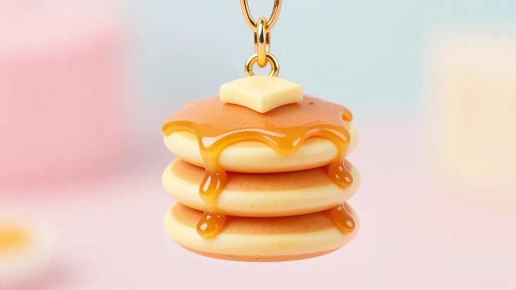 A close-up, hyper-detailed photo-realistic render of a tiny pancake stack charm set: three fluffy polymer clay pancakes with a glossy syrup drizzle cascading down the sides, a small pat of butter on the top pancake, and subtle speckled textures. The charm should be suspended on a delicate gold-tone loop against a soft pastel background with gentle bokeh, emphasizing cute, kawaii vibes.