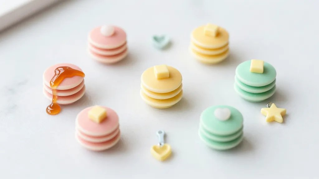 A flat-lay composition featuring a tiny pancake stack charm kit: several completed charms in different color palettes (blush pink, butter yellow, mint green) arranged with tiny accessory details like miniature syrup drops, butter pats, and tiny charms (mini spoon, heart, star) on a clean white marble surface, with natural lighting and a shallow depth of field to highlight texture and glossy finishes.