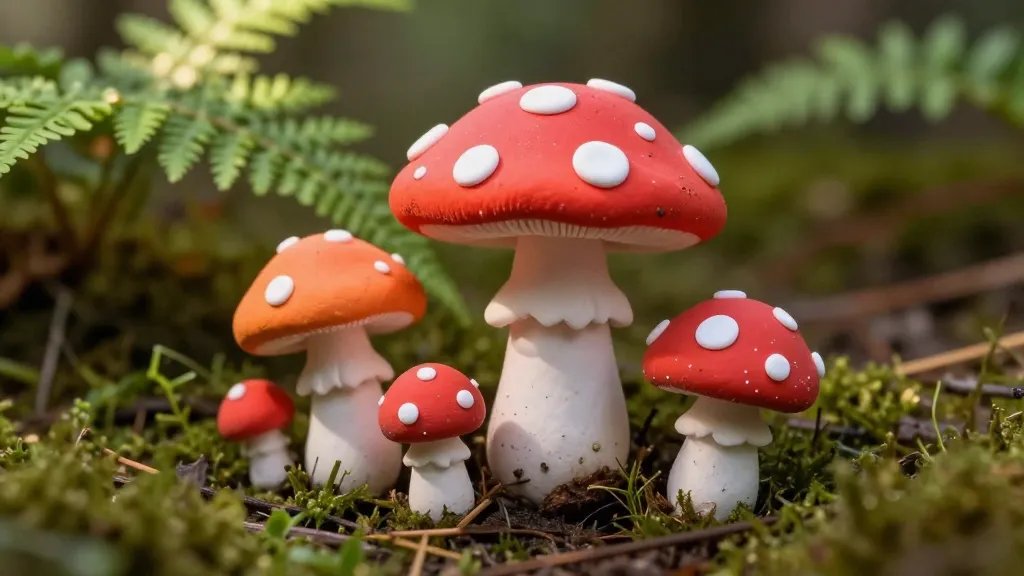 A close-up shot of tiny hand-painted clay mushrooms perched on a shaded forest floor, featuring glossy red caps with white polka dots, layered color shading, and tiny specks of dirt and moss. Include delicate toothpick stems and a soft, dappled sunlight effect filtering through miniature ferns and mushrooms in a fairy garden setting, no text.