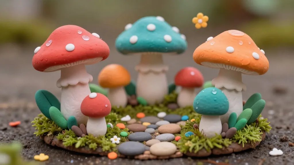 A whimsical miniature scene of several clay mushrooms in a fairy garden circle, displaying a variety of cap colors (red, orange, teal) with subtle gloss, fine brushwork detailing, and tiny flower petals scattered around. Show a tiny mossy base, a miniature pebble path, and a tiny translucent dew-like glaze on caps for a realistic finish, no text.