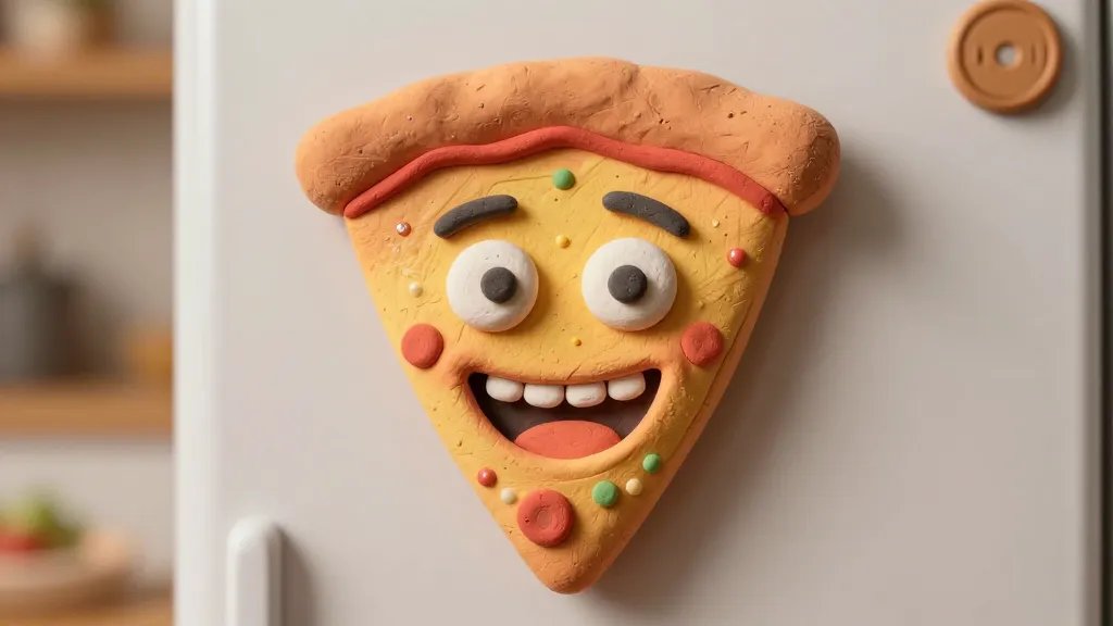A playful close-up macro shot of a single clay pizza slice character with a wide grin and raised eyebrows, toppings arranged to form a comic expression, placed on a magnetic fridge surface with a subtle bokeh kitchen scene in the blurred background, warm tones, high detail on clay textures and tiny glaze highlights. No text.