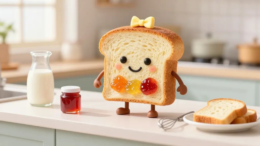 A whimsical breakfast scene featuring a cheerful toast character with a smiling face made from toasted sourdough, topped with colorful jam and a tiny butter bow. The character stands on a bright, sunlit kitchen counter, surrounded by miniature props like a milk jug, tiny jam jars, a whisk, and a plate with cut-out bread shapes, with soft morning light and pastel accents to convey wholesome craft energy.
