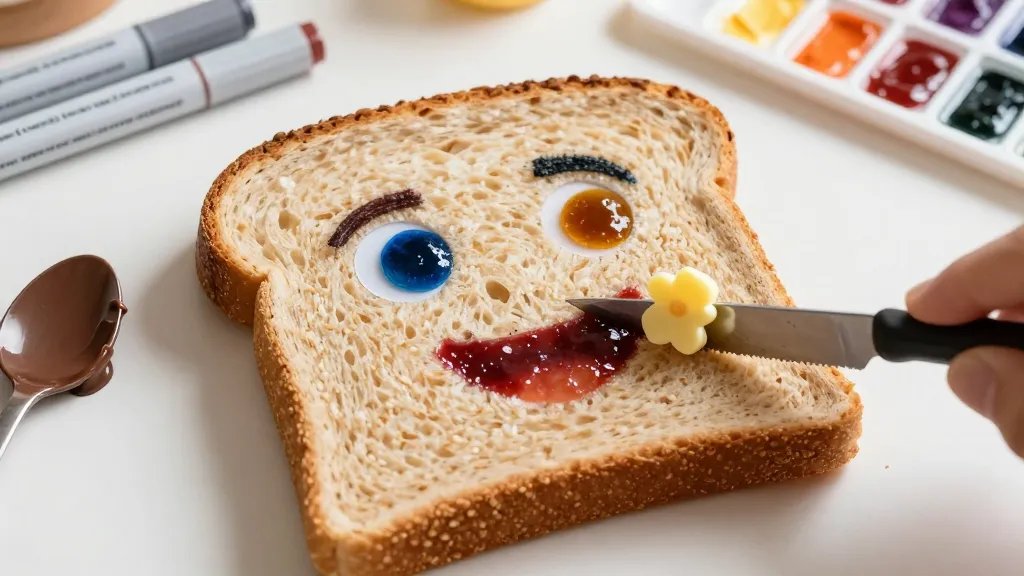 A close-up, detailed still life of a DIY toast character in progress: a sturdy slice of whole wheat bread as the base, with edible inks forming eyes and a mouth, multiple color jams for shading creating a layered, dimensional expression, and a small knife mid-action cutting out a tiny accessory (like a butter hat or candy flower). The background shows a tidy craft workspace with markers, a spoon of melted chocolate, and a neatly arranged palette of colors, all in warm, inviting tones.