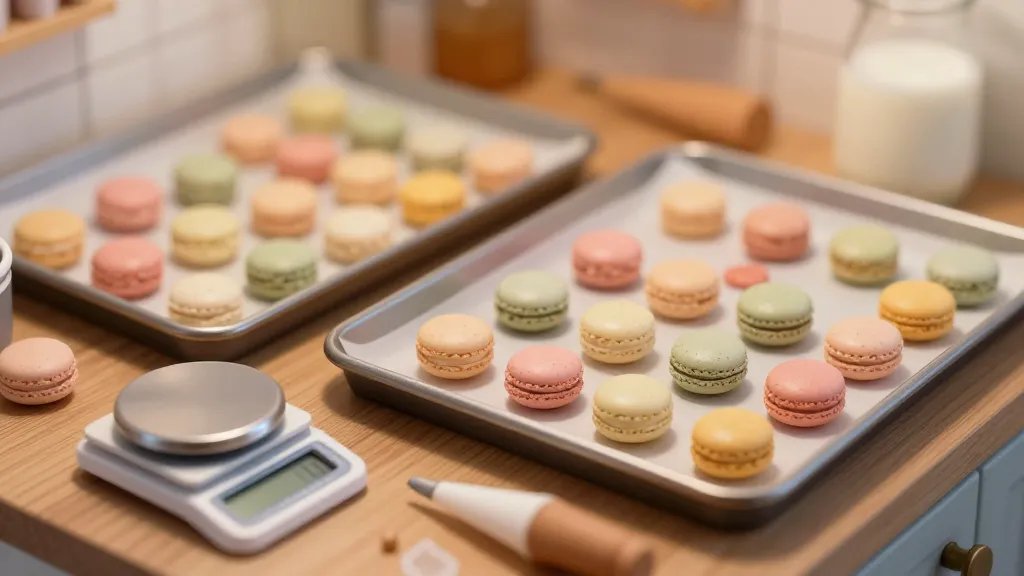 A close-up scene of a tiny kitchen workspace with two baking sheets lined with parchment, small delicate macarons arranged in a dozen pastel colors, a digital scale showing grams, and a milk cap or mini piping tips in the foreground, warm soft lighting and a slight chaotic but charming clutter of tiny tools to convey “tiny, demanding art form.”