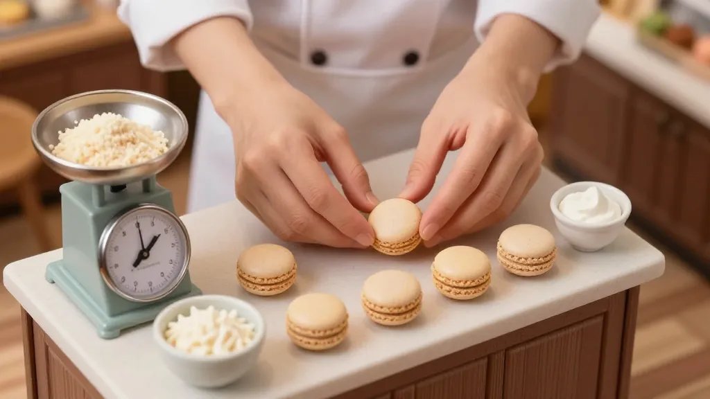 A whimsical, overhead shot of a baker’s hands at a miniature workstation, tiny bowls of ingredients, a scale ticking with precise numbers, and several perfectly formed mini macarons with delicate feet, with a backdrop hinting at a bustling but adorable chaos in a tiny patisserie.