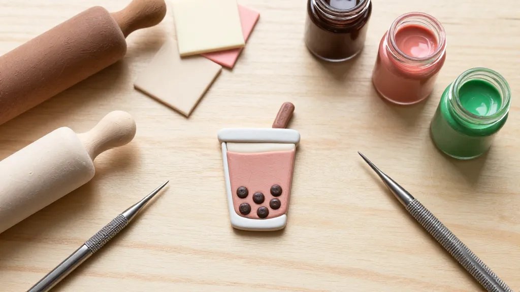 A close-up flat lay of a polymer clay boba tea charm in progress on a light wooden workspace. Include small clay tools (rolling pin, needle tool, toothpick), a few color blocks (browns, creams, pinks, greens), and tiny glass jars of gloss glaze. The composition emphasizes texture and color, with a soft natural light and no text visible.