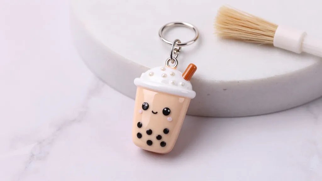 A finished kawaii-style boba tea charm attached to a delicate silver jump ring and chain, resting on a pastel marble surface. The cup features a glossy finish, cute eyes and highlight details, with tiny pearl-like boba pearls, and subtle foam art topping. Include a tiny bottle brush for scale in the background, all in clean, bright lighting and no text.