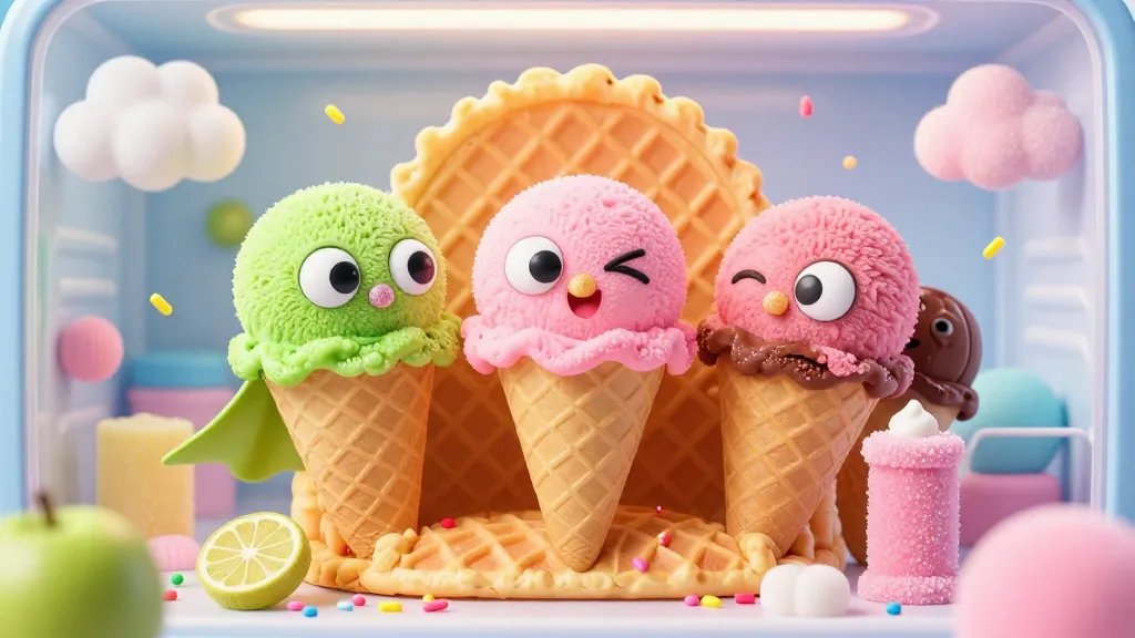 A vibrant close-up scene of three tiny ice cream cone characters perched on a waffle cone throne in a whimsical freezer world, each with oversized eyes and sparkly noses: one brave lime scoop with a tiny cape, one goofy pink scoop winking playfully, and one shy chocolate scoop tucked behind a sugar wafer pillar; surrounding them are sparkling sprinkles as currency, pops of pastel colors, and floating sugar wafer clouds, with soft glowing ambient light to emphasize cute yet feisty personalities. No text.