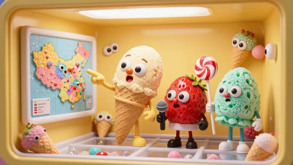 A playful group scene inside a candy-yellow freezer chamber where a dramatic vanilla cone character dramatically points at a crystalline sugar-sprinkled map, while a goofy strawberry scoop holds a tiny microphone, and a brave mint scoop stands guard with a peppermint wand; background filled with tiny plush-like cones and oversized eyes on all characters, warm cozy textures, and sparkly noses catching the light, conveying relatable tiny personalities in a whimsical, humorous moment. No text.
