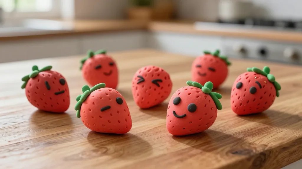 A close-up of several handmade clay strawberries on a rustic wooden kitchen counter, each berry with tiny textured seed patterns, subtle glossy highlights to imitate natural shine, and one strawberry smiling with a playful tilt, while others have varied cheeky expressions; natural light from a window casting soft shadows, shallow depth of field to blur the background, no text.