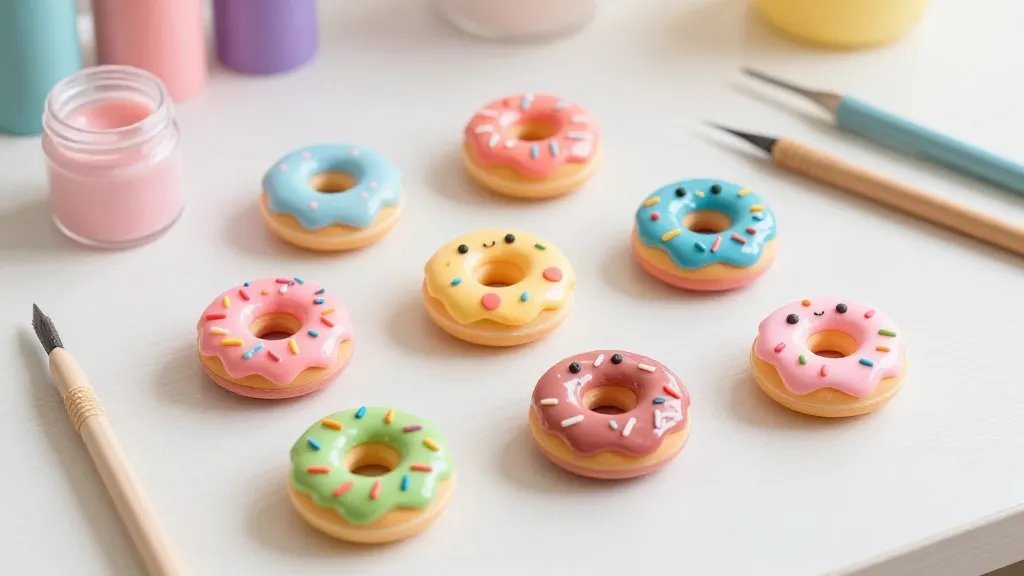 A bright, cozy craft table scene featuring colorful polymer clay donuts in progress: several tiny donuts with glossy fondant glaze, sprinkles, and cute facial expressions, arranged beside basic sculpting tools, a small jar of glaze, and pastel-toned workspace lighting; soft, whimsical kawaii vibe without any text or frameworks.