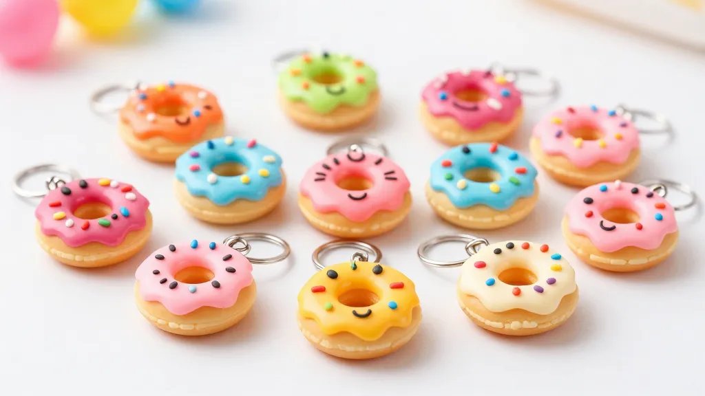 Close-up shot of a finished kawaii donut charm collection: a variety of mini donuts on a clean white surface, each with bright icing colors, adorable faces, and confetti sprinkles, threaded onto delicate keychain rings and tiny earrings, with a shallow depth of field and playful bokeh in the background.